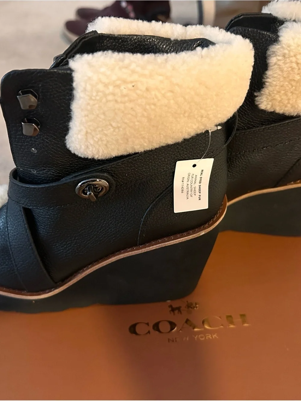 Coach Black Wedge Ankle Boots with Cream Shearling Trim